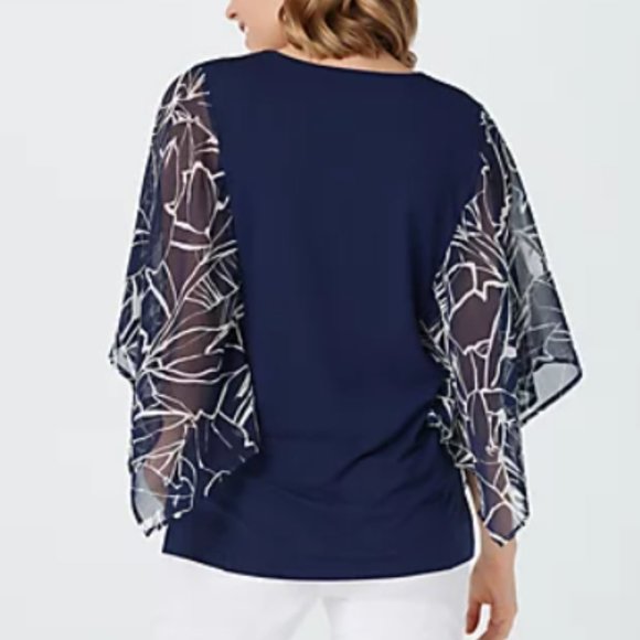 Belle by Kim Gravel Top w/ Tropical Print Woven Sleeves  12160 - Picture 2 of 2